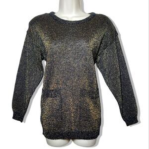 Carducci Sweater Ribbed Vintage Black & Gold Metallic Knit Scoop Neck